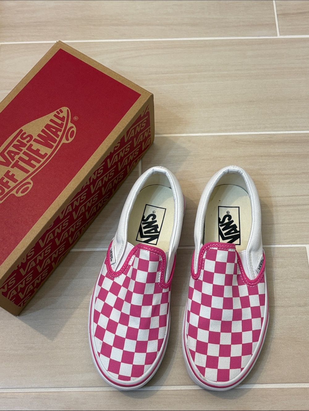 Vans Pink & White Checkerboard Slip-On Sneakers - Picture 2 of 9